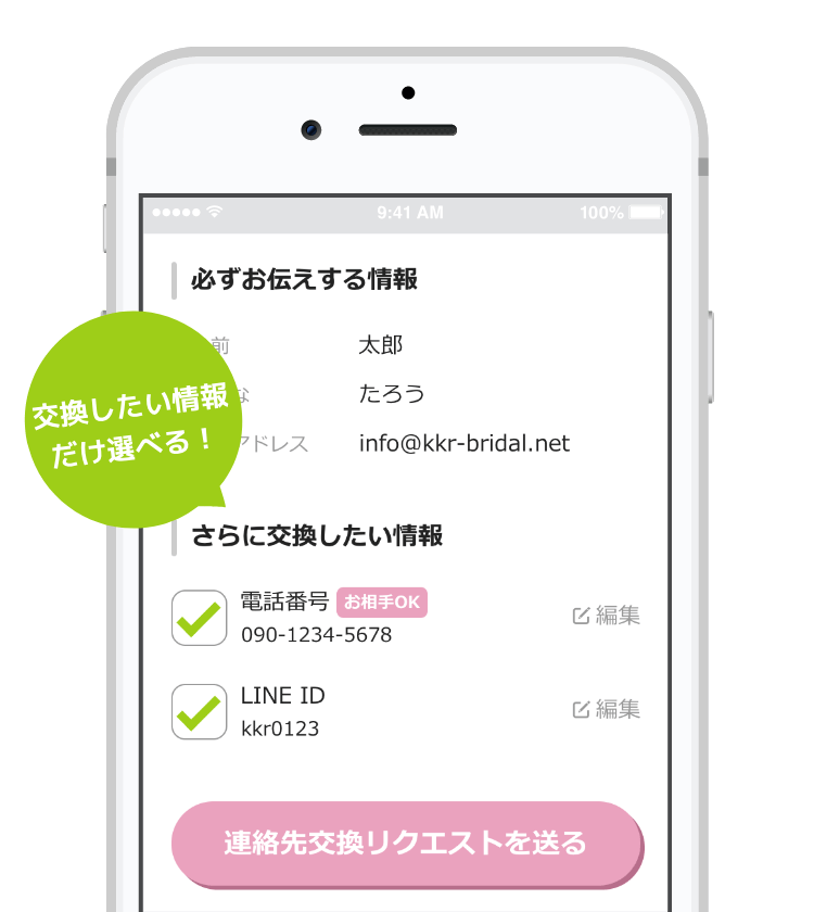 LINEのIDや電話番号など、連絡先交換をしたい項目を選べます